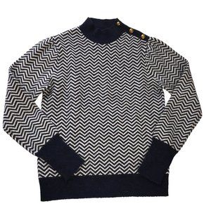 J. Crew Chevron Stripe Sweater with three Buttons on Shoulder.  Gray / Dark Blue